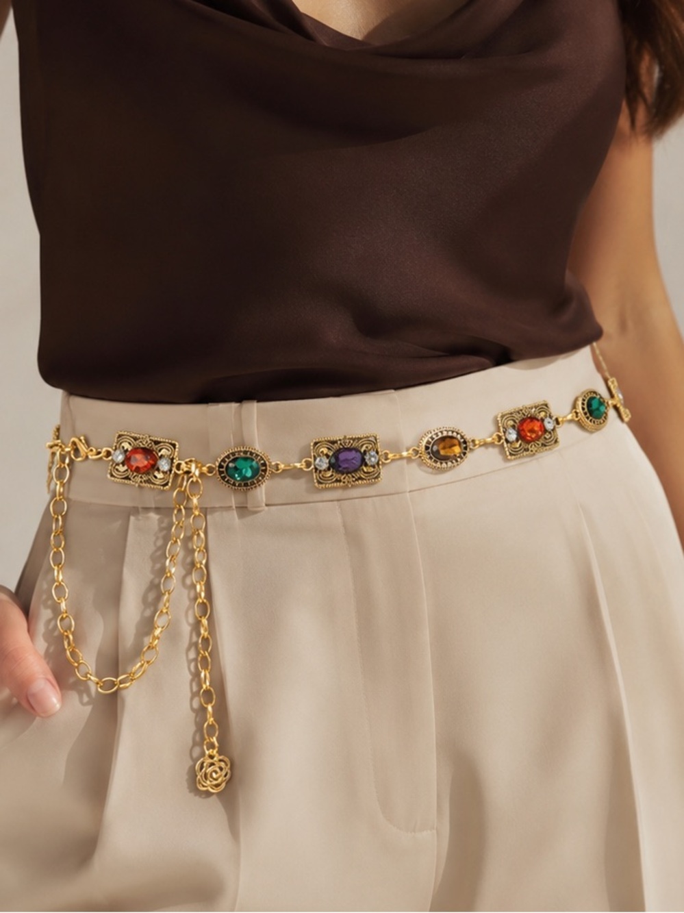 Vintage Bohemian Multicolor Crystal Chain Belt Antique Gold Adjustable